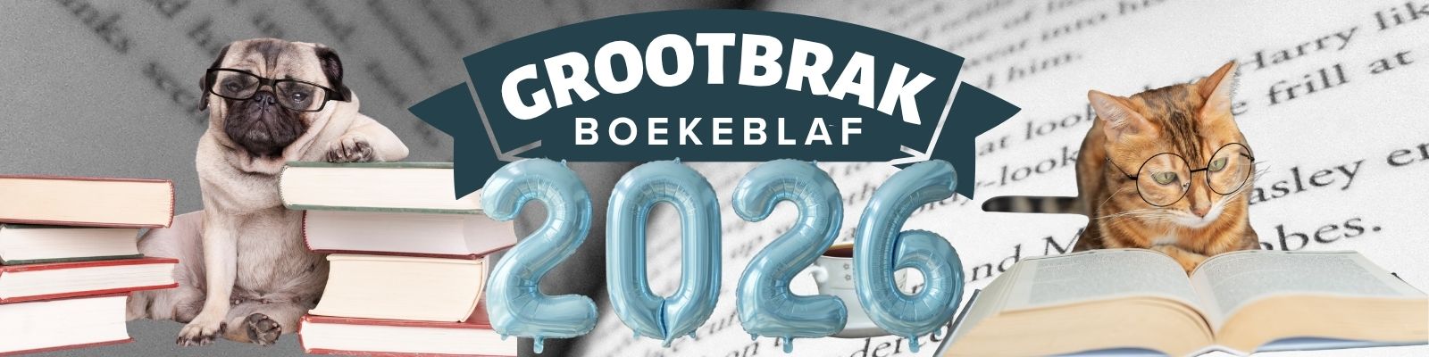 Grootbrak Boekeblaf met 'n hond, kat, boeke en program-ballonne